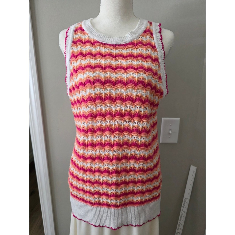 LOFT Sweater Women L Pink Orange Chevron Pointelle Knit Sleeveless Tank Top‎